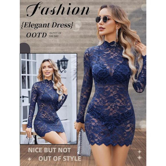 Womens Navy Blue Sheer Lace Long Sleeve Mini Dresses for Party outfit - Picture 2 of 5